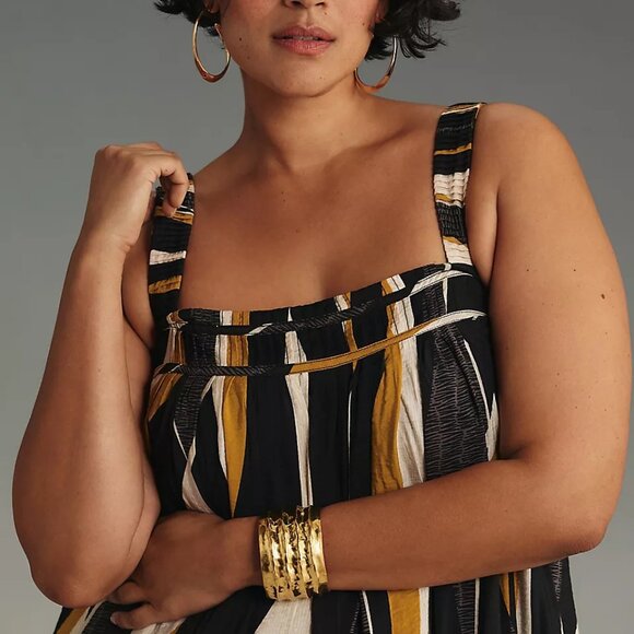 NWT By Anthropologie Square-Neck Waistless Midi Dress Black Motif Size L - Picture 4 of 9